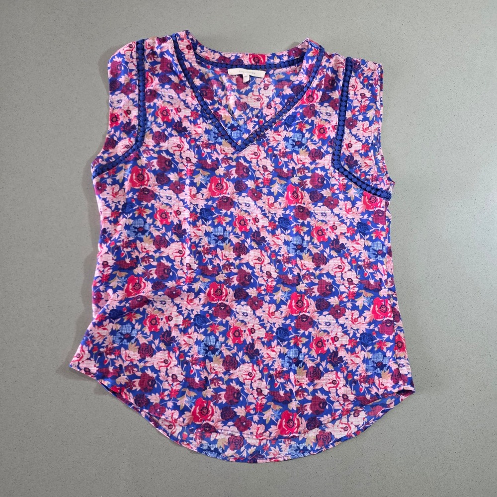 41 Hawthorn Floral V-Neck Sleeveless Blouse Blue Pink Pom Pom Trim Small